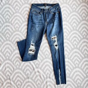 JUDY BLUE Distressed Leopard Print Skinny Fit Blue Denim Jeans 7/28